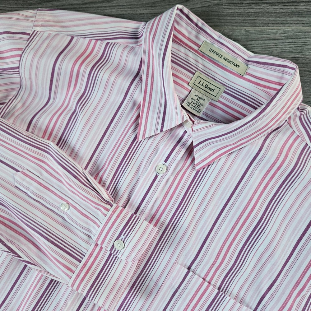 LL Bean Womens XL Wrinkle Resistant Cotton Button Down Shirt Pink Purple Stripe